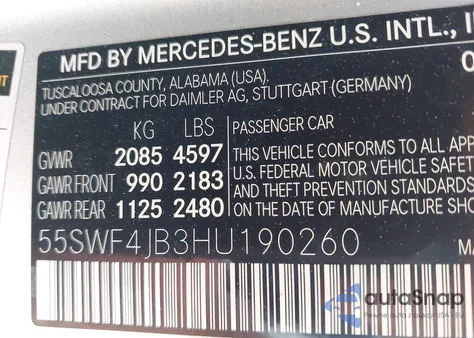 2017 Mercedes-Benz C 300 Luxury/Sport from USA, damaged, VIN 55SWF4JB3HU190260